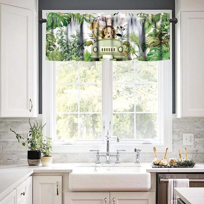 JanJCurt Jungle Safari Curtain Valance, Safari Animals Tropical Natural Green Plants Branches Leaves Floral Print Blackout Short Window Treatment for Kids Bedroom Living Room, 54x18inch - Image 3